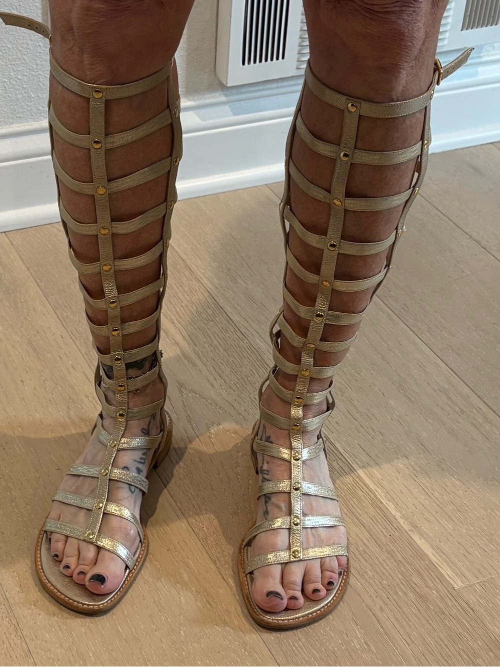 Stuart Weitzman Metallic Gold Knee-High Gladiator Sandals
